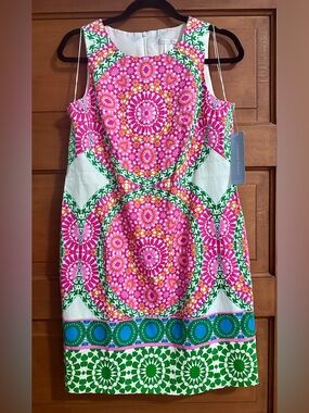London Times Pink & Green Patterned Sleeveless Shift Dress, NEW NWT Size 8